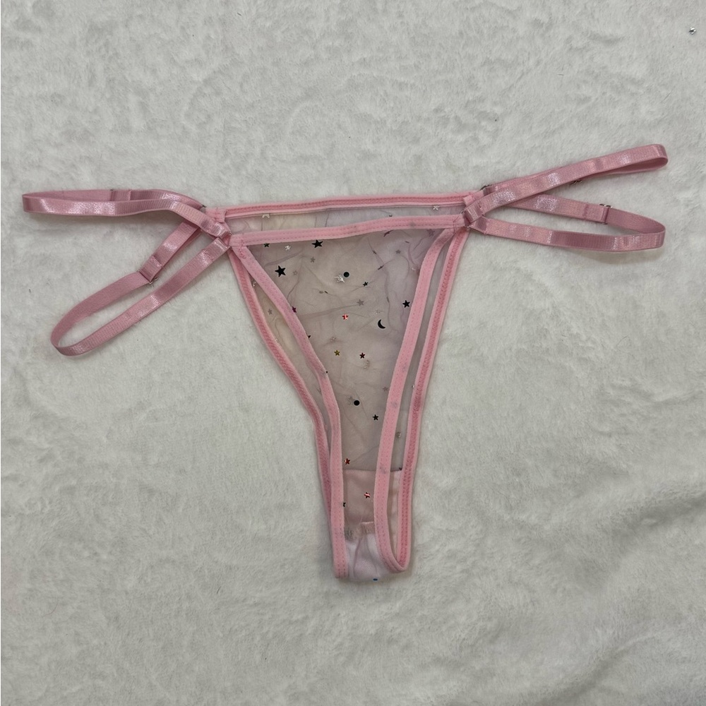 Pink Sheer Lingerie Set L Star Mesh 3pc Garter Festival Rave Burlesque - Picture 6 of 9
